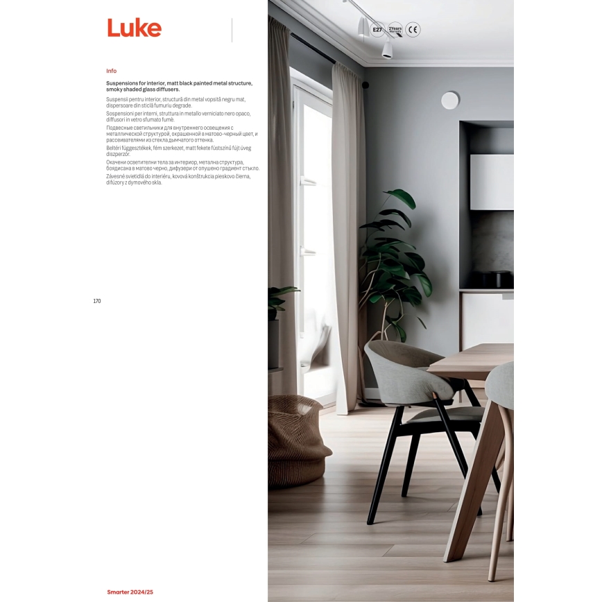 Redo 01-3196 - Luster na sajli LUKE 1xE27/42W/230V pr. 17 cm crna