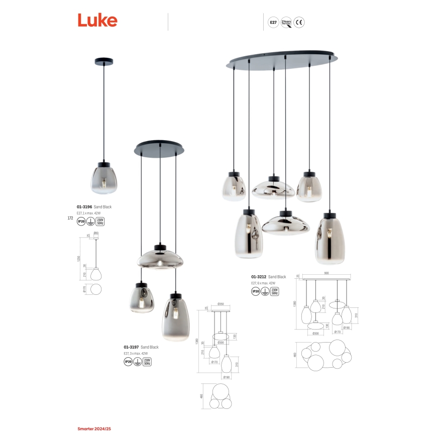 Redo 01-3196 - Luster na sajli LUKE 1xE27/42W/230V pr. 17 cm crna