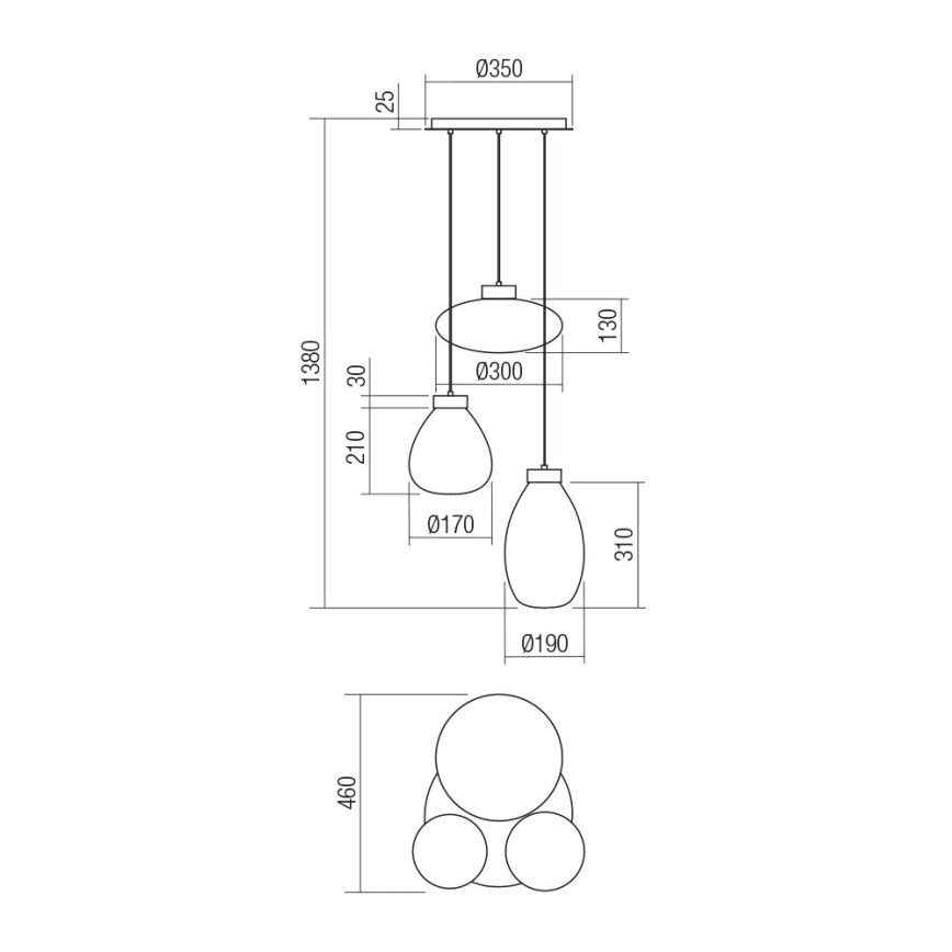 Redo 01-3197 - Luster na sajli LUKE 3xE27/42W/230V pr. 46 cm crna