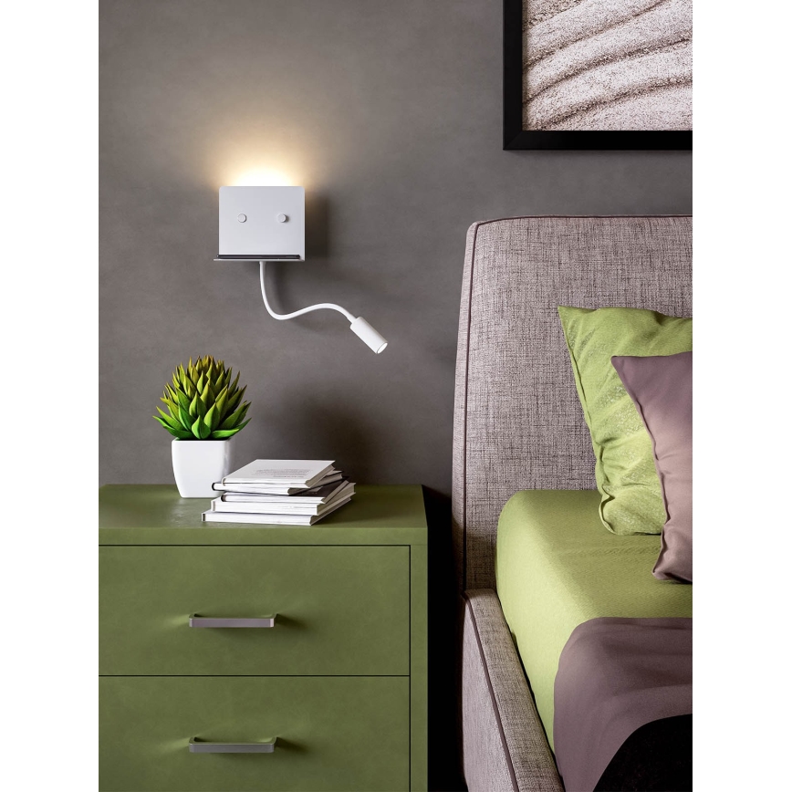Redo 01-3210 - LED Zidna svjetiljka s fleksibilnom lampicom MOKA LED/6W + LED/3W/230V USB CRI90 bijela