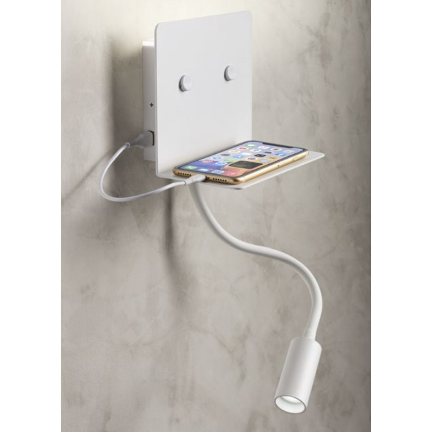 Redo 01-3210 - LED Zidna svjetiljka s fleksibilnom lampicom MOKA LED/6W + LED/3W/230V USB CRI90 bijela