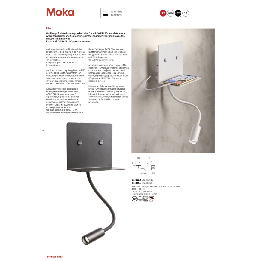 Redo 01-3211 - LED Zidna svjetiljka s fleksibilnom lampicom MOKA LED/6W + LED/3W/230V USB CRI90 crna