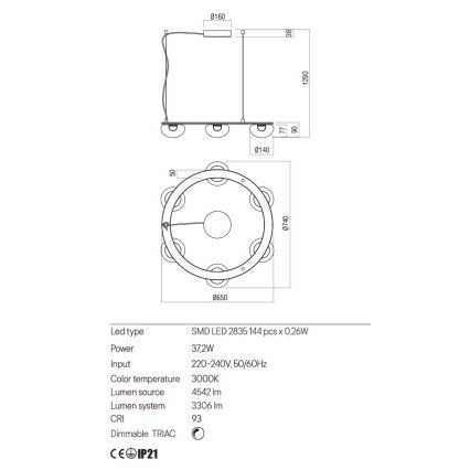 Redo 01-3247- LED Prigušivi luster na sajli SINCLAIR LED/37,2W/230V CRI 93 IP21 zlatna