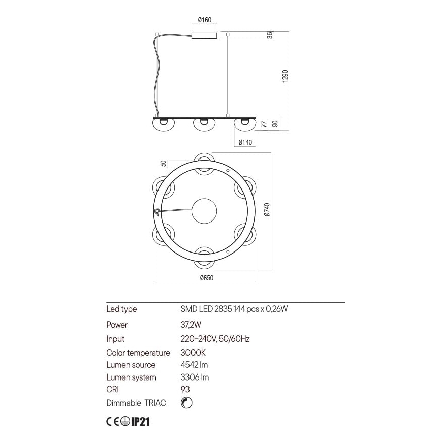 Redo 01-3248- LED Prigušivi luster na sajli SINCLAIR LED/37,2W/230V CRI 93 IP21 crna