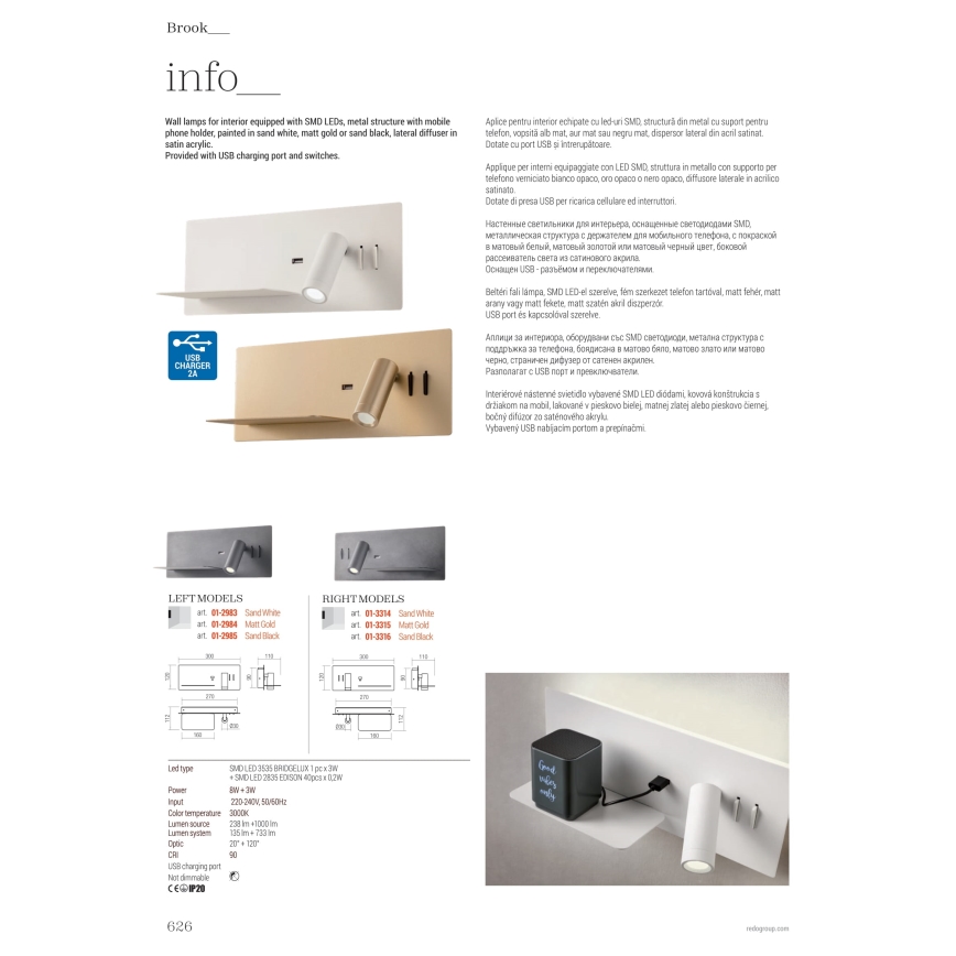 Redo 01-3316 - LED Zidna reflektorska svjetiljka BROOK LED/8W/230V + LED/3W USB CRI 90 crna desna