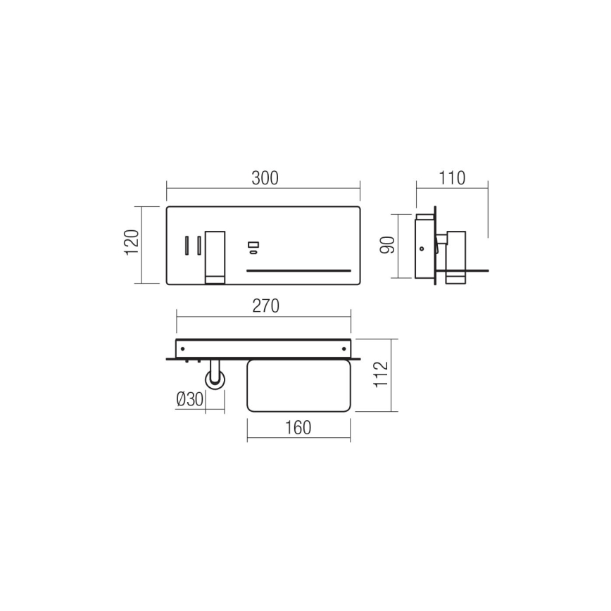 Redo 01-3316 - LED Zidna reflektorska svjetiljka BROOK LED/8W/230V + LED/3W USB CRI 90 crna desna