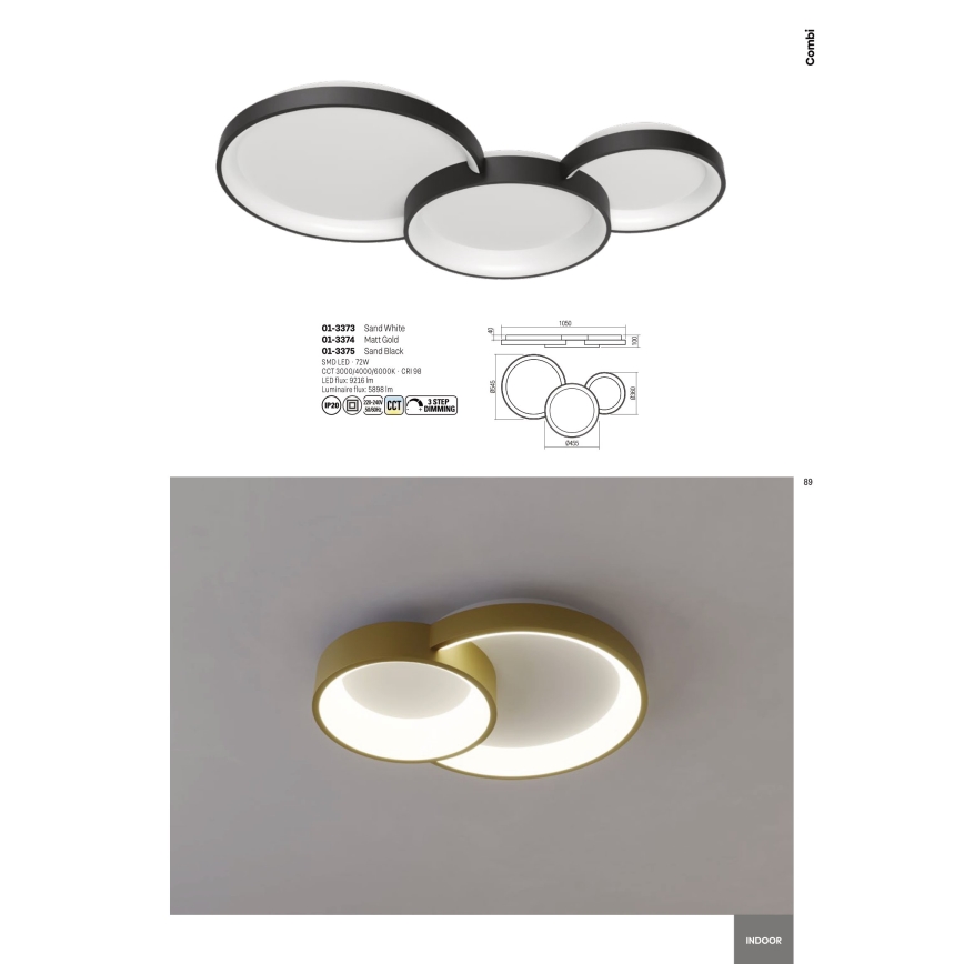 Redo 01-3375 - LED Prigušiva stropna svjetiljka COMBI LED/72W/230V 3000/4000/6000K CRI98 crna