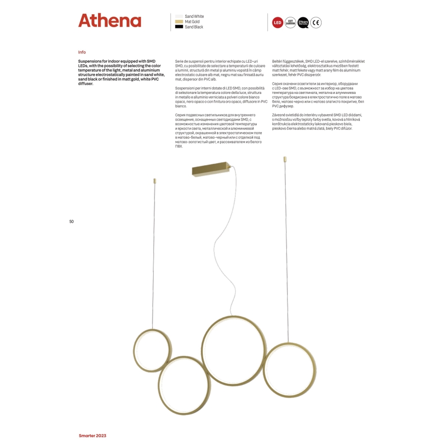 Redo 01-3383 - LED prigušivački luster na užetu ATHENA LED/40W/230V 3000/4000/6000K CRI98 zlatna