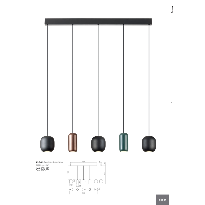 Redo 01-3481 - Luster na sajli BOOM 5xGU10/10W/230V crna/zelena/smeđa