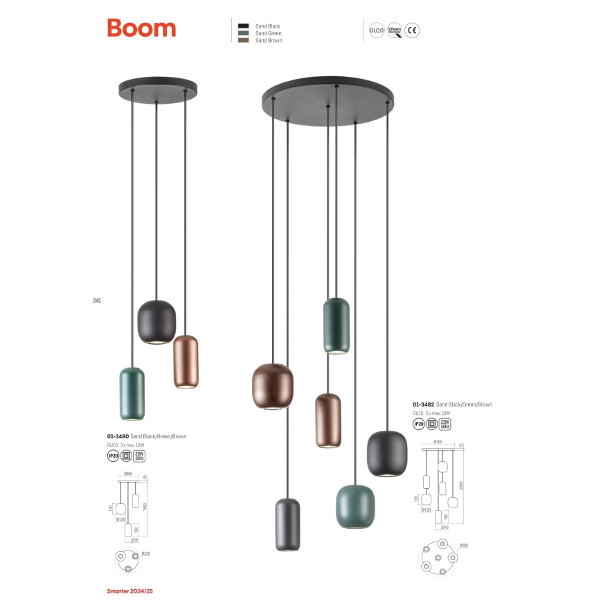Redo 01-3482 - Luster na sajli BOOM 6xGU10/10W/230V pr. 48 cm crna/zelena/smeđa