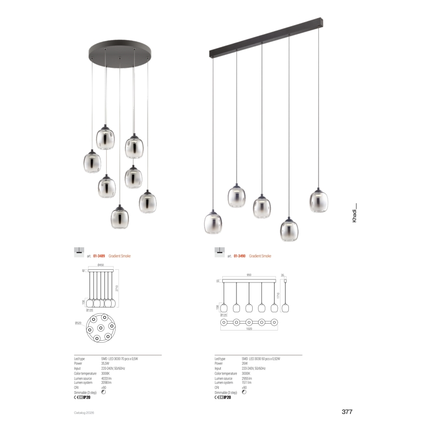 Redo 01-3490 - LED prigušivi luster na sajli KHADI 5xLED/5,2W/230V CRI 90 crna/dimljena