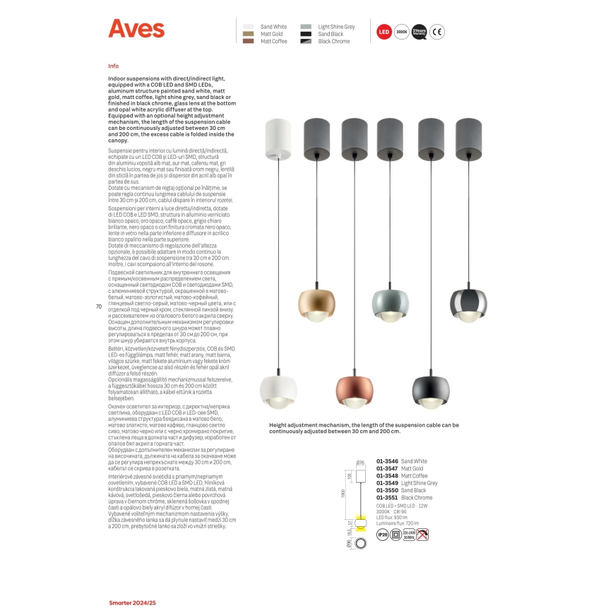 Redo 01-3547 - LED Luster na sajli AVES LED/12W/230V pr. 9,6 cm CRI 90 zlatna