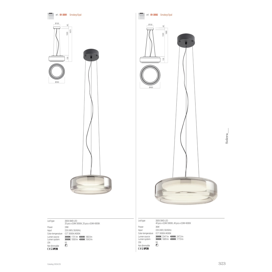 Redo 01-3592 - LED Luster na sajli SOLERA LED/36W/230V pr. 45 cm CRI 93 3000/4000K siva