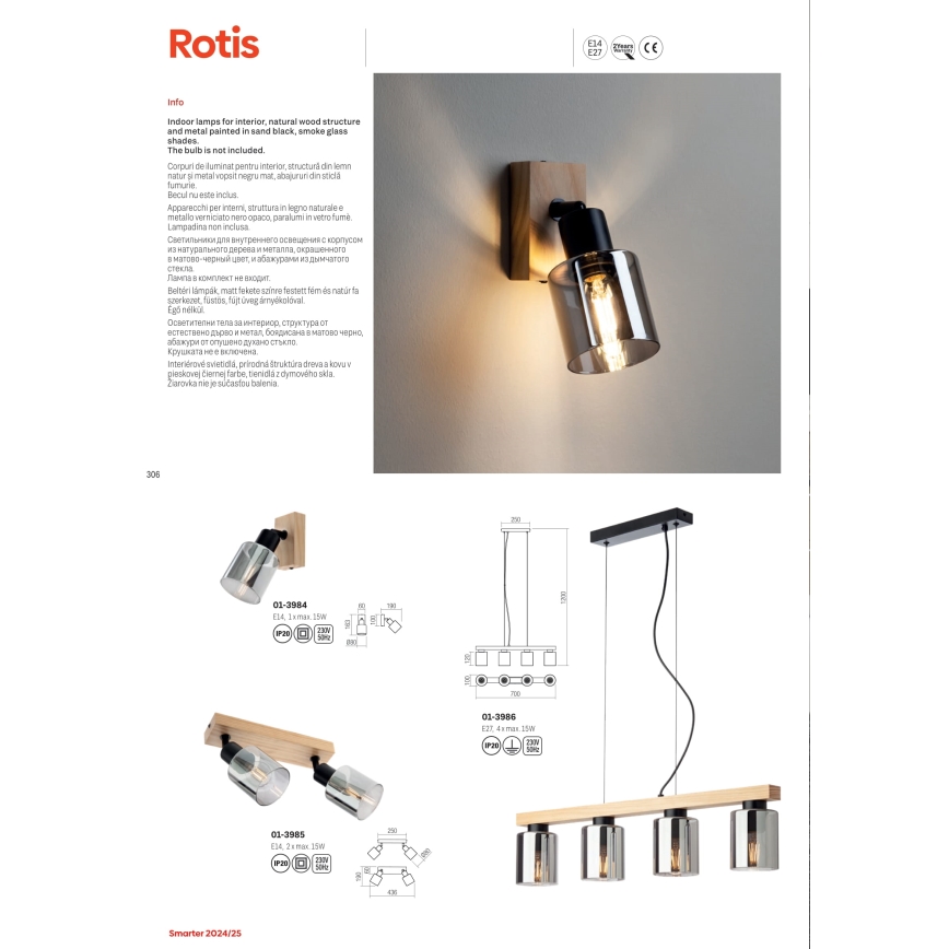 Redo 01-3986 - Luster na sajli ROTIS 4xE27/15W/230V