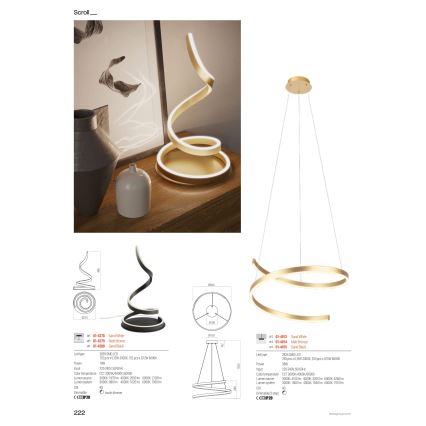 Redo 01-4014 - SCROLL LED luster na sajli s mogućnošću prigušivanja LED/38W/230V 3000K/4000K/6000K CRI 90 Ø 60 cm u zlatnoj boji