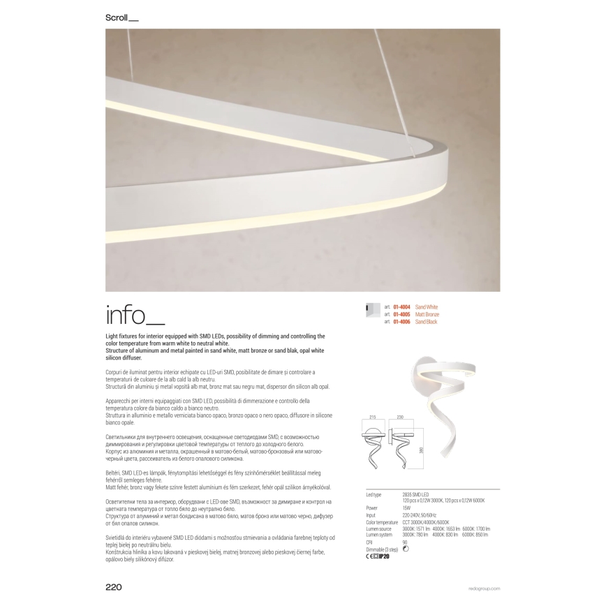 Redo 01-4015 - SCROLL LED luster na sajli s prigušivanjem, 38W/230V, 3000K/4000K/6000K, CRI 90, promjer 60 cm, crna