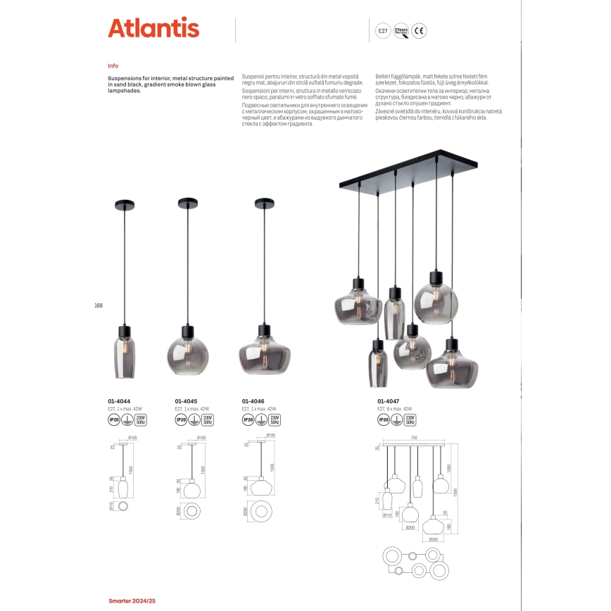 Redo 01-4046 - Luster na sajli ATLANTIS 1xE27/42W/230V pr. 26 cm crna