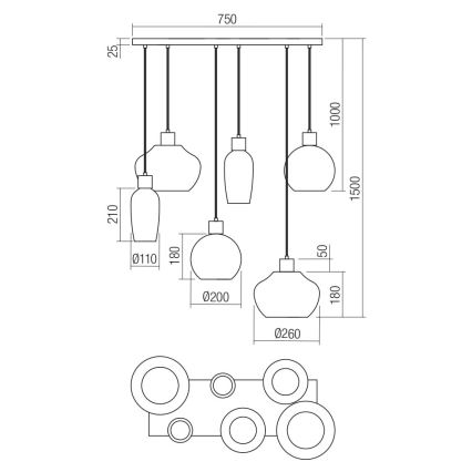 Redo 01-4047 - Luster na sajli ATLANTIS 6xE27/42W/230V crna