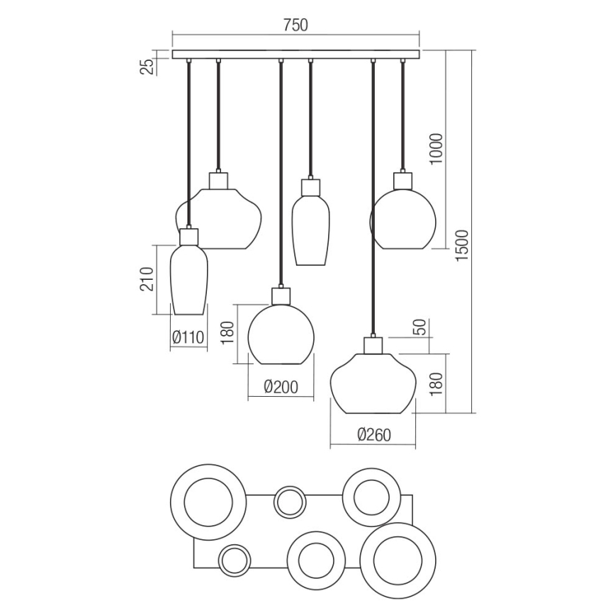 Redo 01-4047 - Luster na sajli ATLANTIS 6xE27/42W/230V crna
