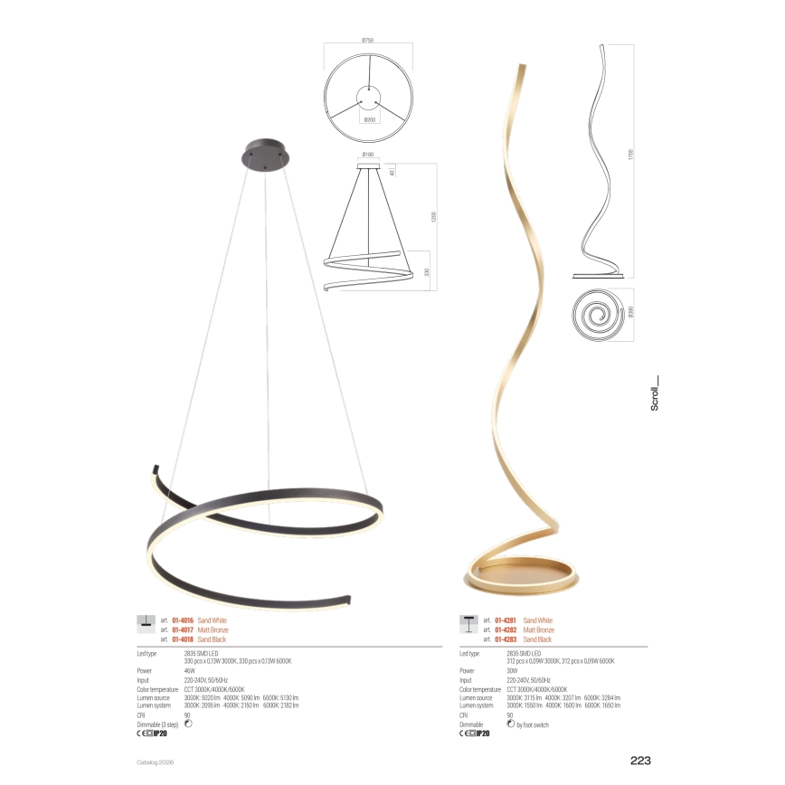 Redo 01-4283 - LED podna svjetiljka SCROLL, s mogućnošću prigušivanja, LED/30W/230V 3000K/4000K/6000K CRI 90 crna