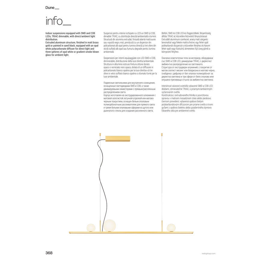 Redo 01-4301 - LED luster s mogućnošću prigušivanja na sajli DUNE LED/48W/230V 3000K CRI 90 bijela/zlatna