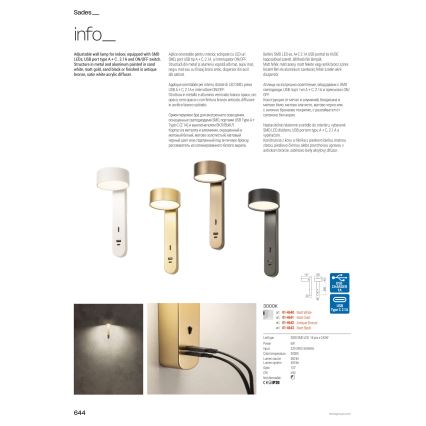 Redo 01-4643 - LED zidna svjetiljka SADES LED/6W/230V CRI 90 USB crna