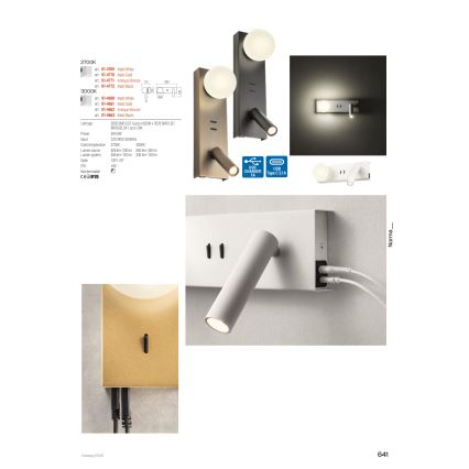 Redo 01-4660 - LED zidna svjetiljka NORMA LED/5W/230V + LED/3W CRI 90 USB bijela