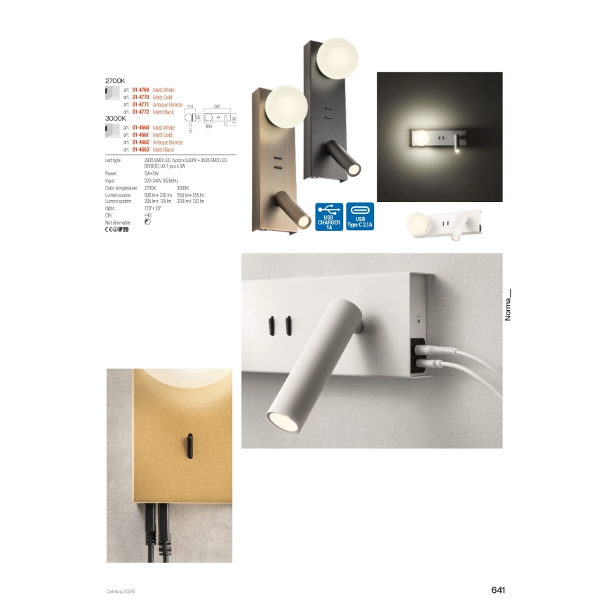 Redo 01-4660 - LED zidna svjetiljka NORMA LED/5W/230V + LED/3W CRI 90 USB bijela