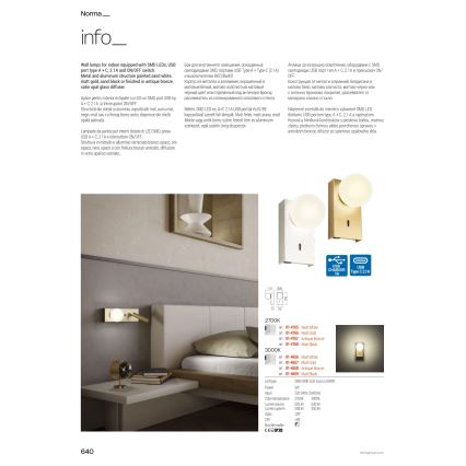 Redo 01-4662 - LED zidna svjetiljka NORMA LED/5W/230V + LED/3W CRI 90 USB bijela/brončana