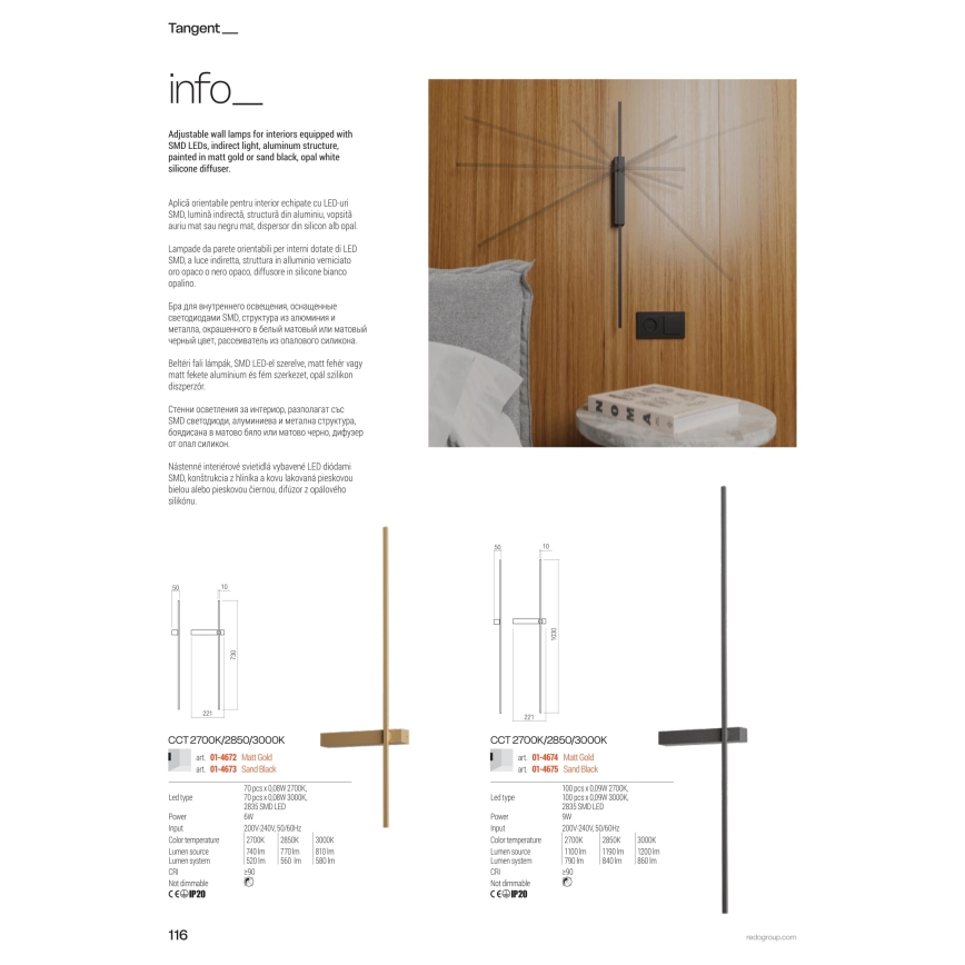 Redo 01-4675 - LED zidna svjetiljka TANGENT LED/9W/230V 2700/2850/3000K CRI 90 crna