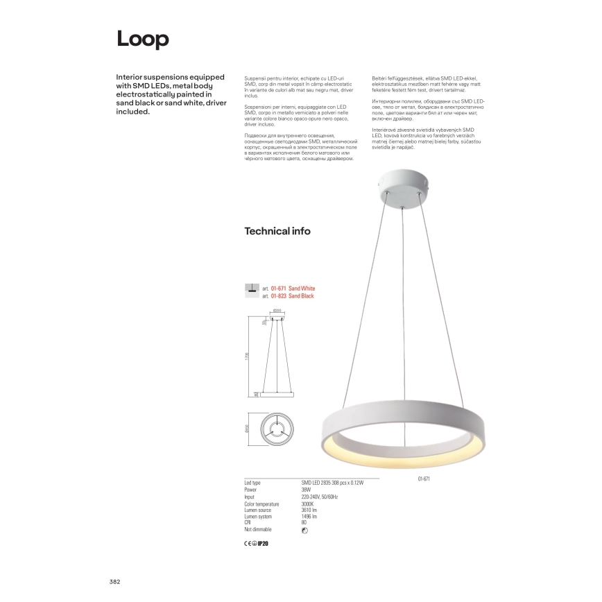 Redo 01-672 - LED Luster na sajli LOOP LED/48W/230V pr. 60 cm bijela