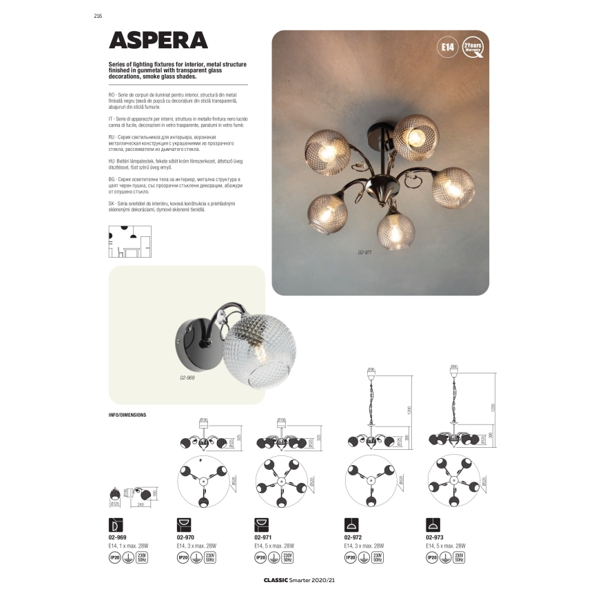 Redo 02-973 - Luster na lancu ASPERA 5xE14/28W/230V crna