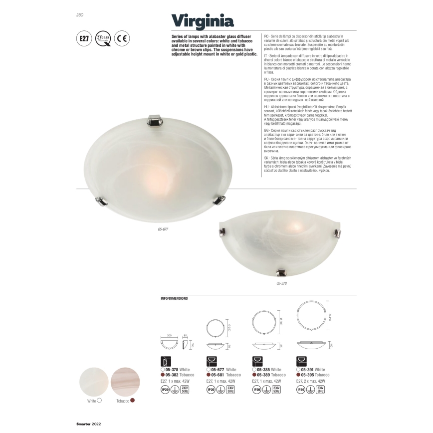 Redo 05-677 - Stropna svjetiljka VIRGINIA 1xE27/42W/230V pr. 25 cm bijela
