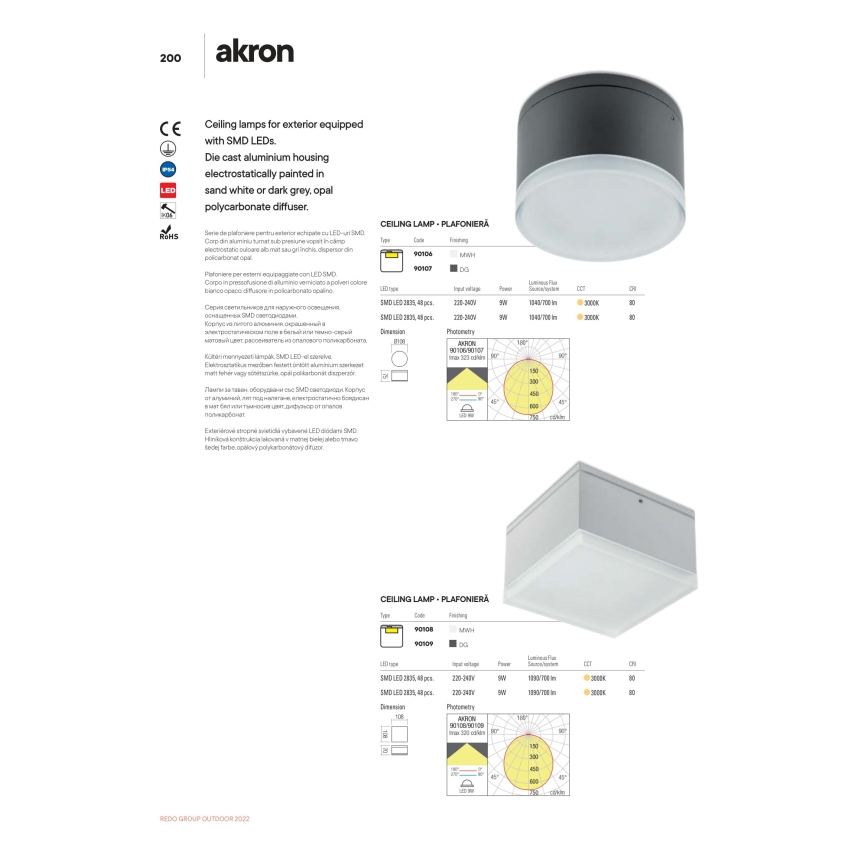 Redo 90107 - LED Vanjska stropna svjetiljka AKRON 1xLED/9W/230V pr. 10,8 cm IP54