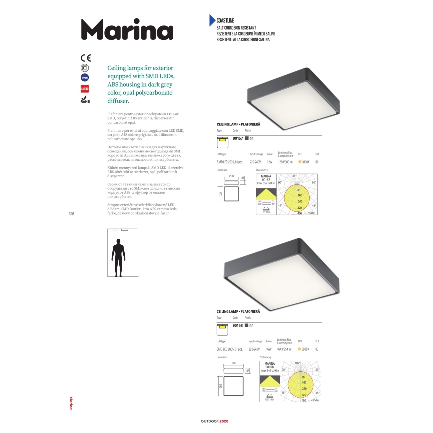 Redo 90157 - LED Vanjska stropna svjetiljka MARINA LED/12W/230V 22x22 cm IP65 antracit