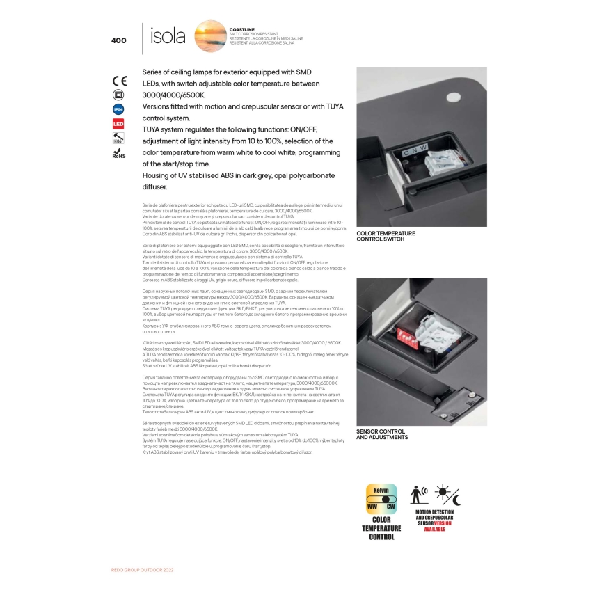 Redo 90290 - LED Vanjska stropna svjetiljka sa senzorom ISOLA LED/24W/230V pr. 26 cm 3000/4000/6500K IP54 antracit