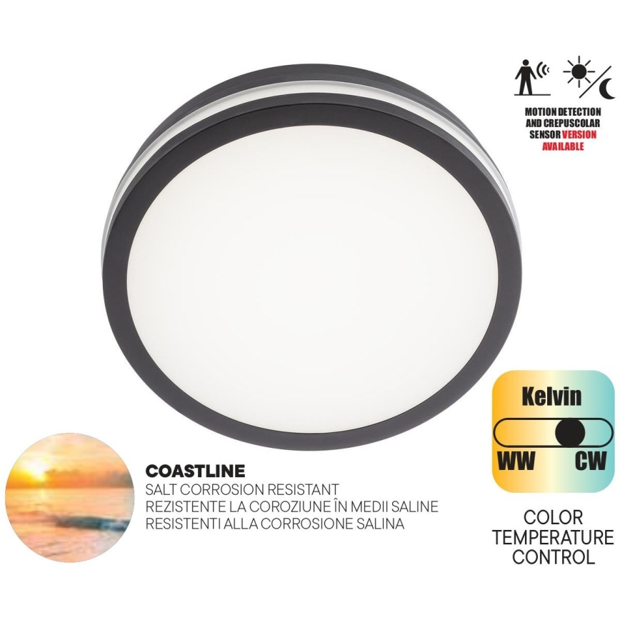 Redo 90290 - LED Vanjska stropna svjetiljka sa senzorom ISOLA LED/24W/230V pr. 26 cm 3000/4000/6500K IP54 antracit