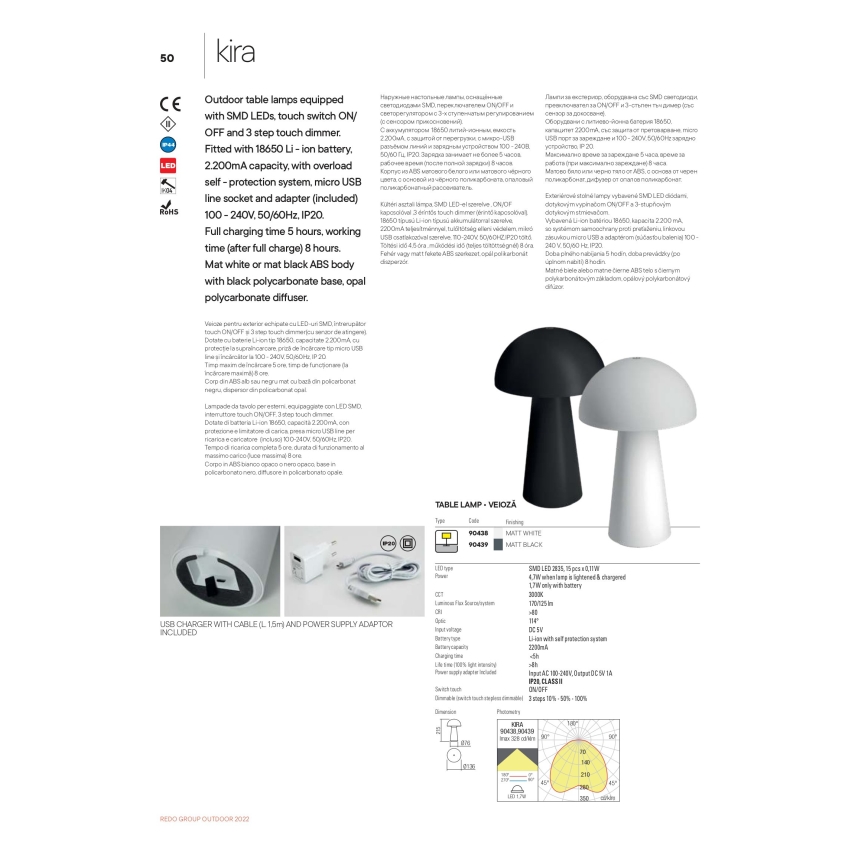 Redo 90439 - KIRA LED vanjska dodirna svjetiljka s mogućnošću prigušivanja LED/4,7W/230V 2200 mAh IP44 crna