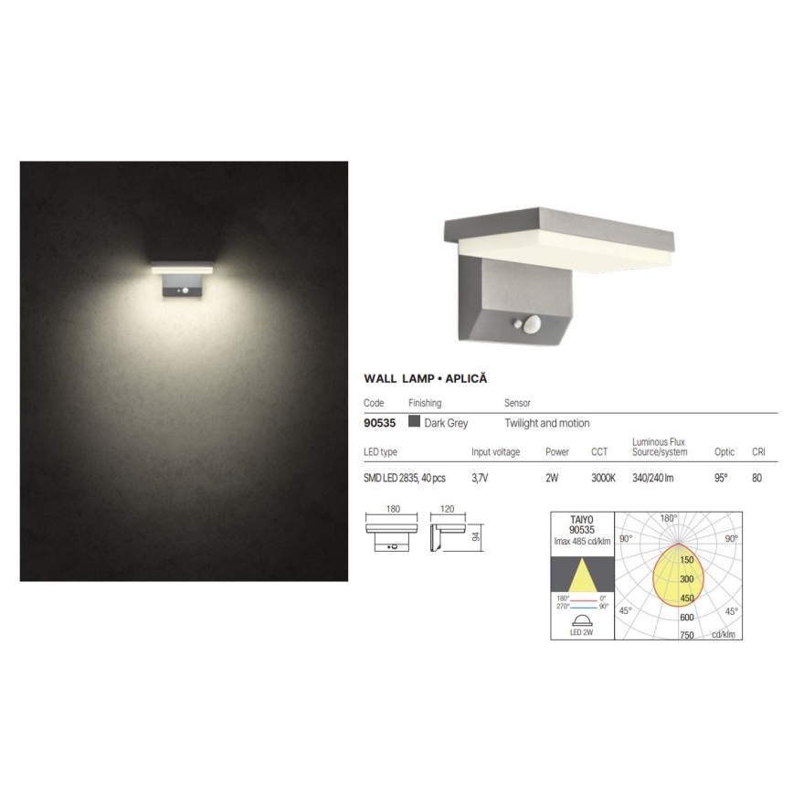 Redo 90535 - LED Solarna zidna svjetiljka sa senzorom TAIYO LED/2W/3,7V 3000K 2200 mAh IP54 antracit