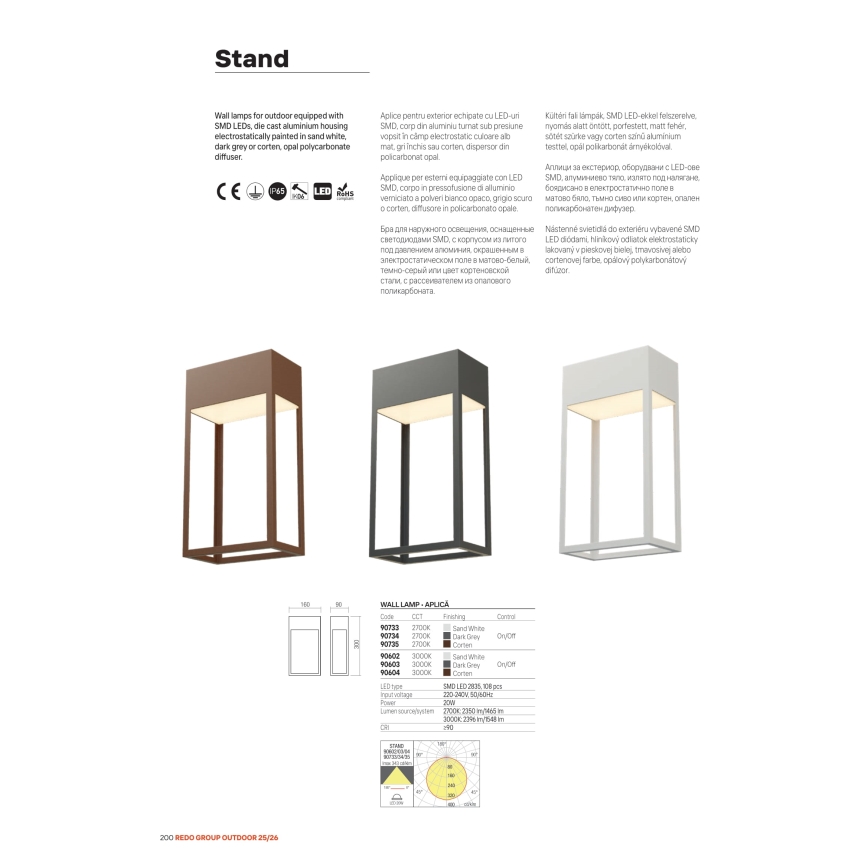 Redo 90603 - LED vanjsko zidno svjetlo STAND LED/20W/230V 3000K CRI 90 IP65 antracit