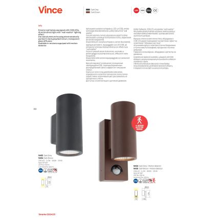 Redo 9453 - LED Vanjska zidna svjetiljka sa senzorom VINCE 2xLED/3W/230V IP54 antracit