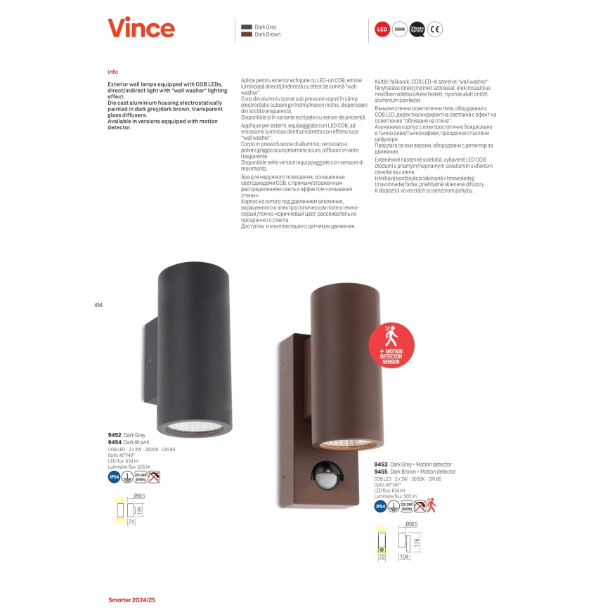 Redo 9453 - LED Vanjska zidna svjetiljka sa senzorom VINCE 2xLED/3W/230V IP54 antracit
