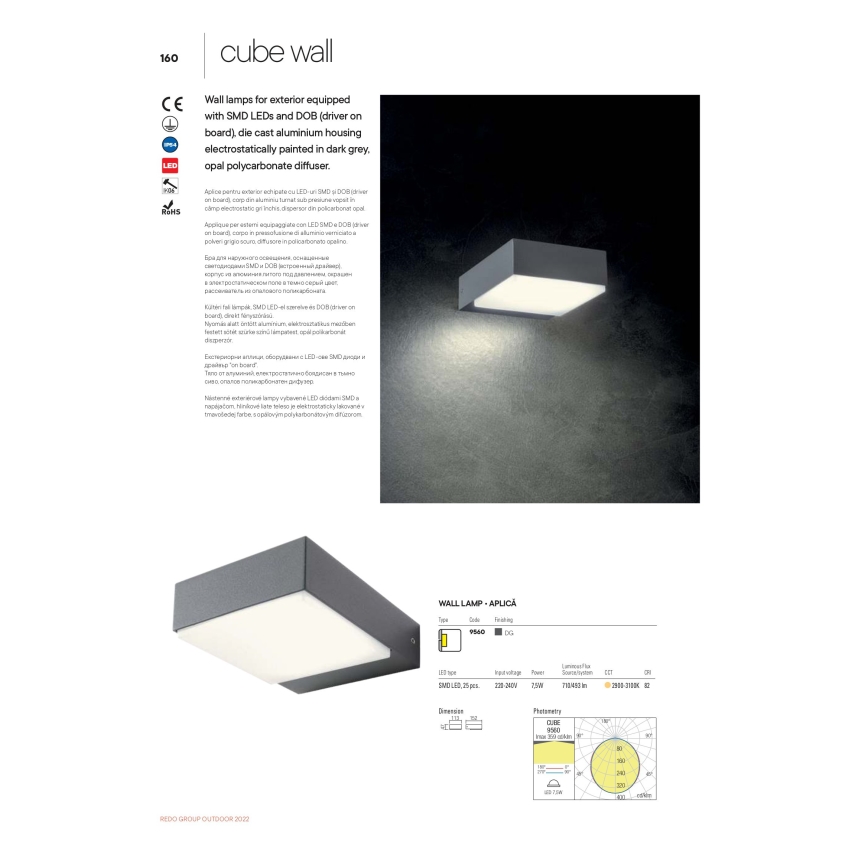 Redo 9560 - LED Vanjska zidna svjetiljka CUBE LED/7W/230V 3000K IP54 antracit