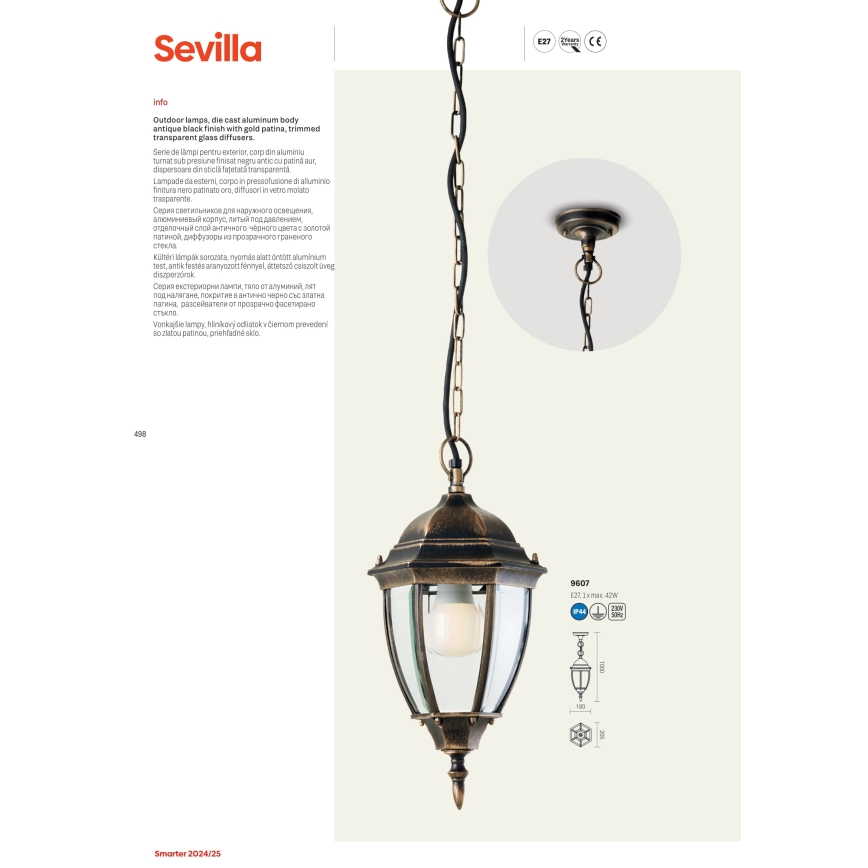 Redo 9605 - Vanjska zidna lampa SEVILLA 1xE27/42W/230V IP44 zlatna/patina
