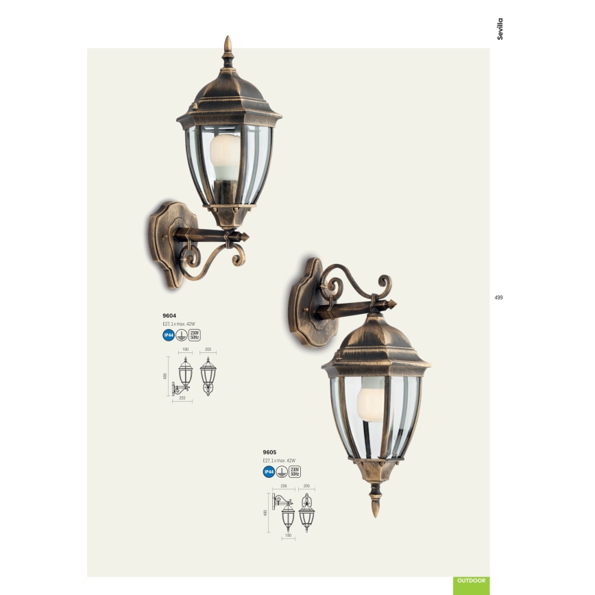 Redo 9605 - Vanjska zidna lampa SEVILLA 1xE27/42W/230V IP44 zlatna/patina