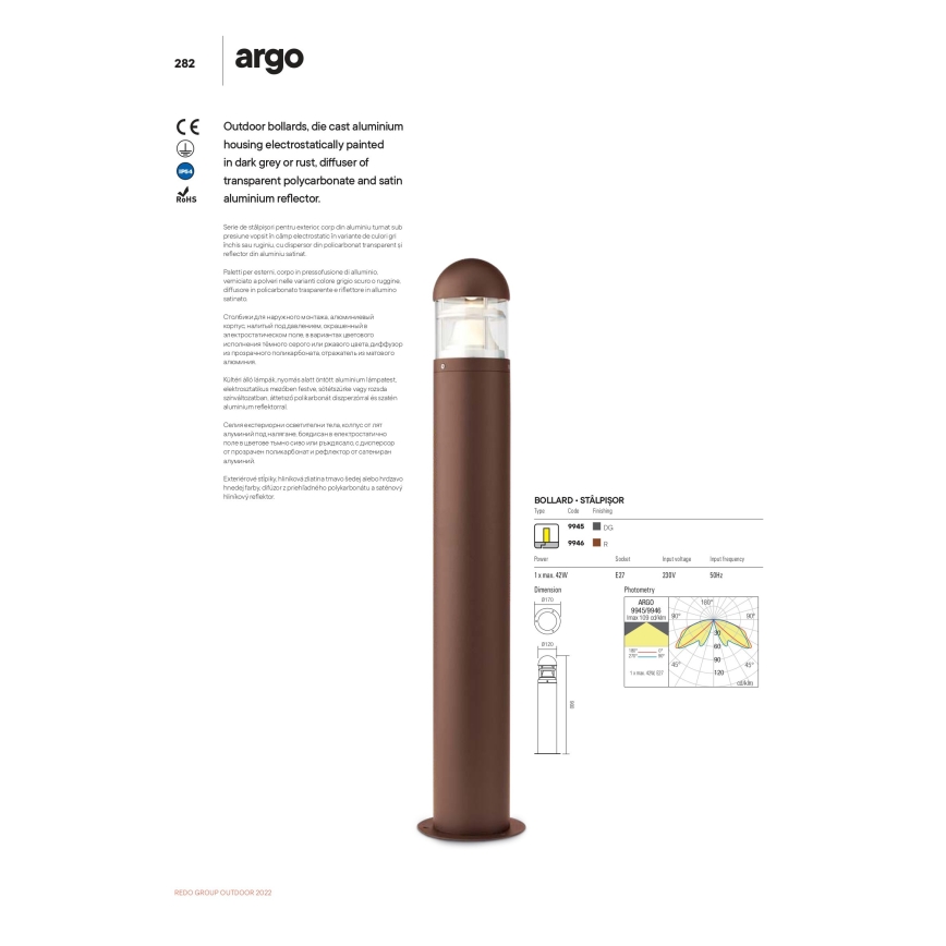 Redo 9945 - Vanjska lampa ARGO 1xE27/42W/230V IP54