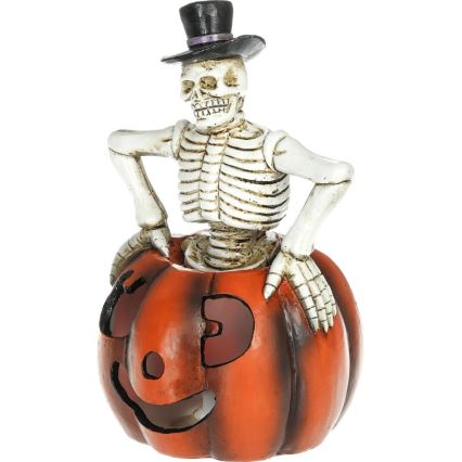 LED Dekoracija HALLOWEEN LED/2xLR44/topla bijela kostur u bundevi smola
