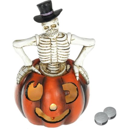 LED Dekoracija HALLOWEEN LED/2xLR44/topla bijela kostur u bundevi smola