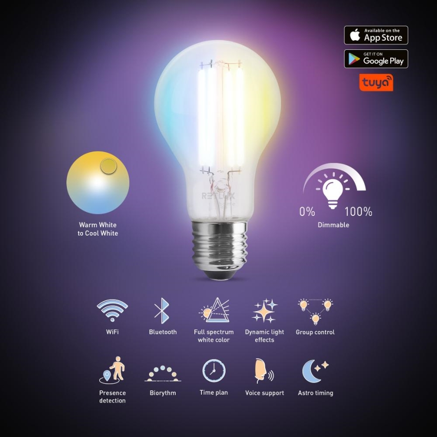 LED Prigušiva žarulja FILAMENT A60 E27/7W/230V 2700-6500K Wi-Fi Tuya