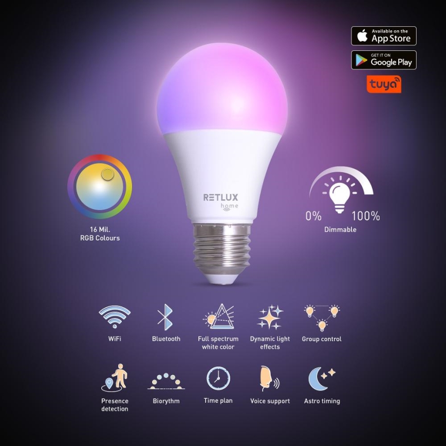 LED RGBW Prigušiva žarulja A60 E27/9W/230V 2700-6500K Wi-Fi Tuya